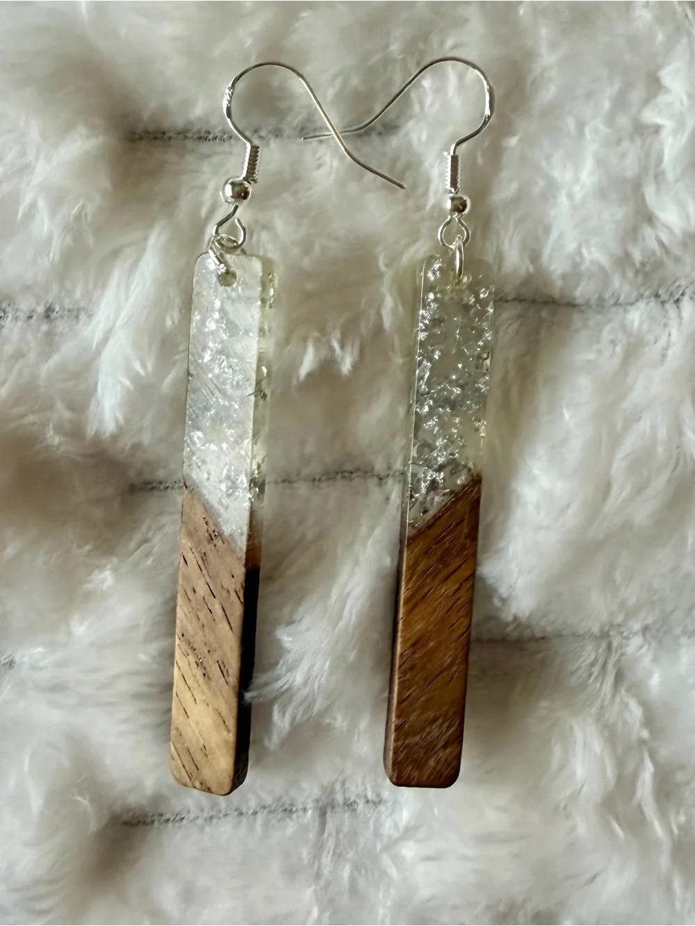 Handmade Natural Wood Resin Drop Earrings 925 Sterling Silver Minimalist Dangle